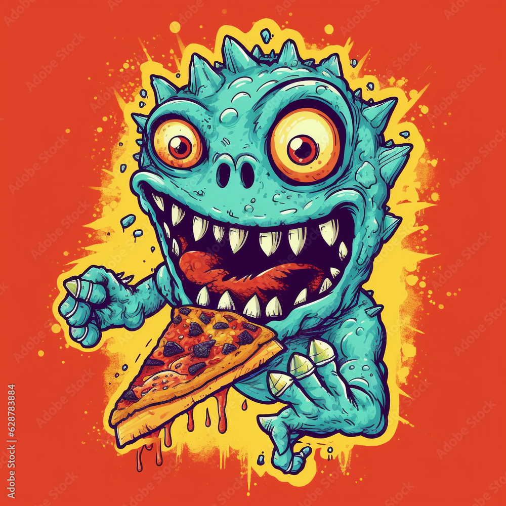 Color illustration of monster eating a slice of pizza. generative ai. Color illustration of monster eating a slice of pizza. generative ai.