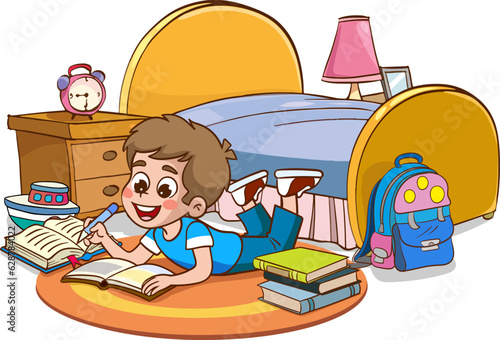 vector illustrations of cartoon cute kids reading a book in his room
