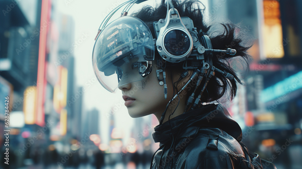 サイバーパンクな近未来の女性とガジェット cyberpunk lady with android helmet gadget