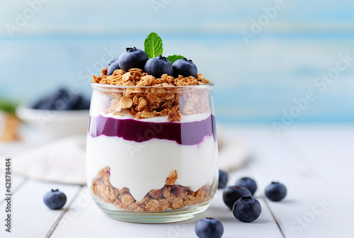  Jar of blueberry yogurt with granola © Olena Rudo