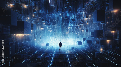 バーチャルな世界に入り込む青年 Man getting into virtual world. Created by generative Ai 