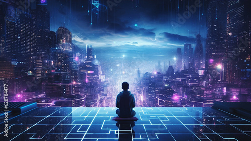 バーチャルな世界に入り込む少年 Boy getting into virtual world. Created by generative Ai 