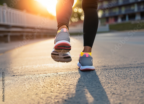 Girl runner makes a morning run in a city street. Sneaker shoes  feet close-up. Jogging  running  wellness  fitness  health concept. Blurred background  Sunset sunrise light