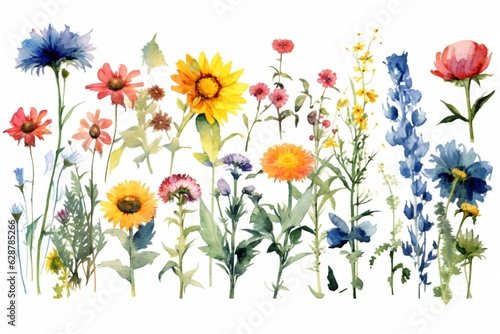watercolor background of flowers  set of flowers on white  AI generated.