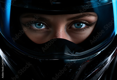 Young caucasian female rider in studio wearing safety motorcycle helmet. light studio on black background, ready for contest or competition. Generative ai © Mickael