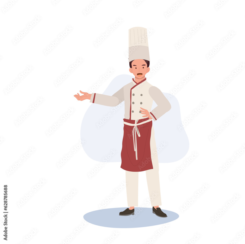Experienced Chef in Friendly Gesture. Male Chef Inviting with Welcoming Gesture. Flat vector cartoon illustration Experienced Chef in Friendly Gesture. Male Chef Inviting with Welcoming Gesture. Flat vector cartoon illustration