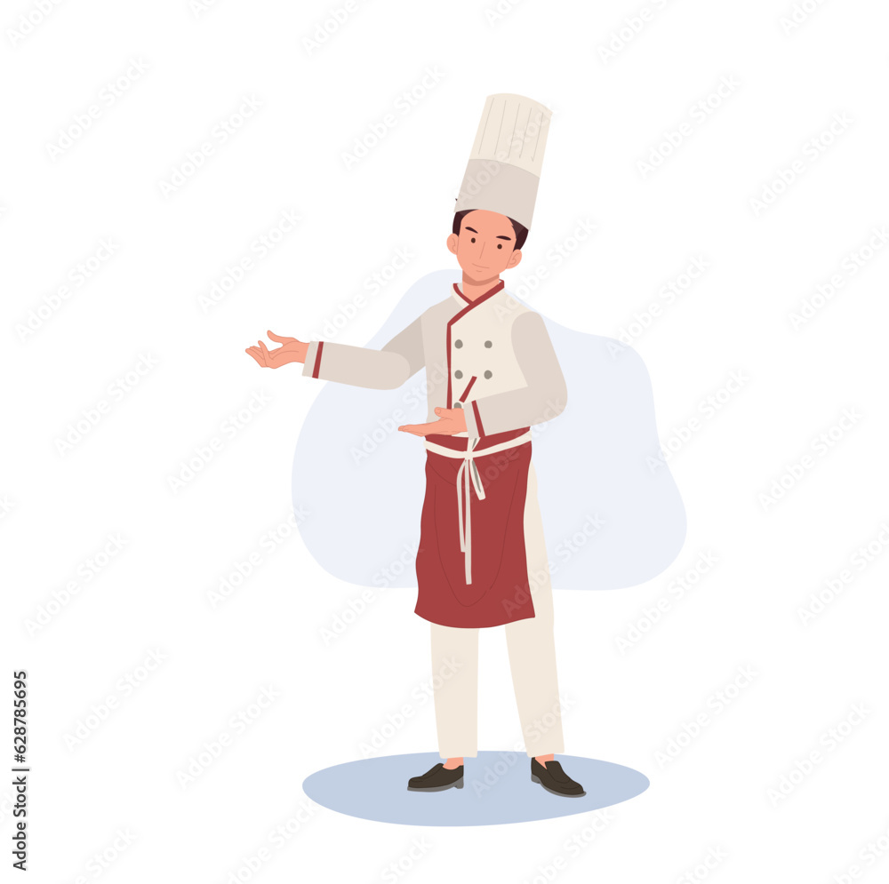 Experienced Chef in Friendly Gesture. Male Chef Inviting with Welcoming Gesture. Flat vector cartoon illustration Experienced Chef in Friendly Gesture. Male Chef Inviting with Welcoming Gesture. Flat vector cartoon illustration