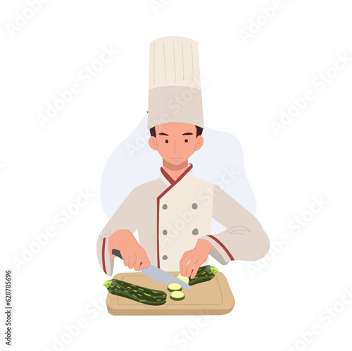 Male Chef Preparing Delicious Meal. Chef Chopping Vegetables in Kitchen . Fresh Organic Ingredients for Cooking