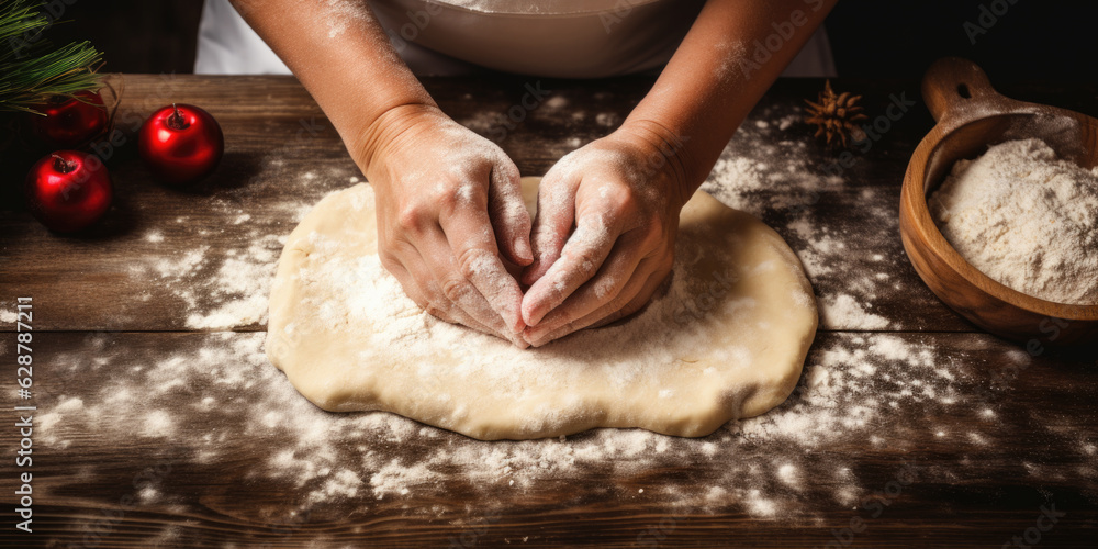 Close up of a woman hands rolling the dough, making Christmas gingerbread cookies