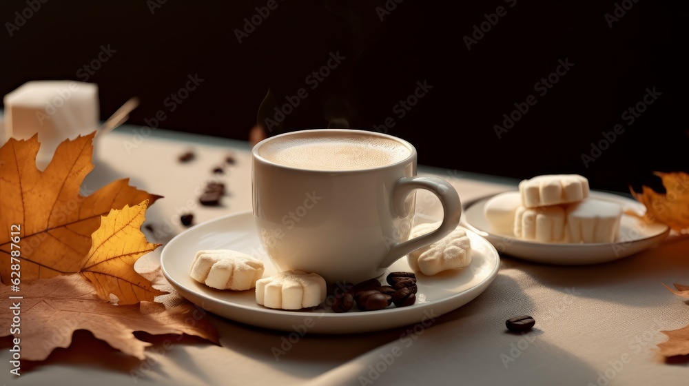 Coffee Still Life with Marshmallows, Autumn Leaf, and Cookie. AI generated