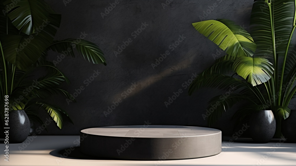 Realistic Empty dark grey product display podiums with foliage and plants, modern minimalist black background with warm, earthy tones. Presentation showcase backdrop. Generative AI Realistic Empty dark grey product display podiums with foliage and plants, modern minimalist black background with warm, earthy tones. Presentation showcase backdrop. Generative AI