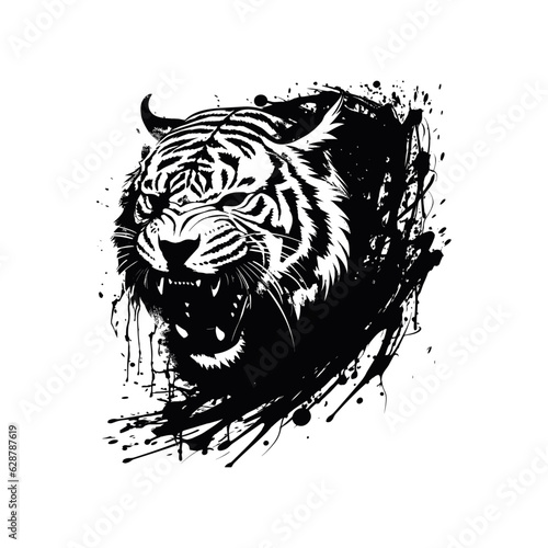 Angry tiger Roaring head, tattoo, sign, isolated on white background, vector illustration.