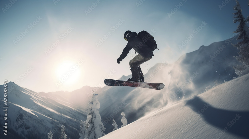 Snowboarder in an extreme jump descends from ski mountain. AI generated.
