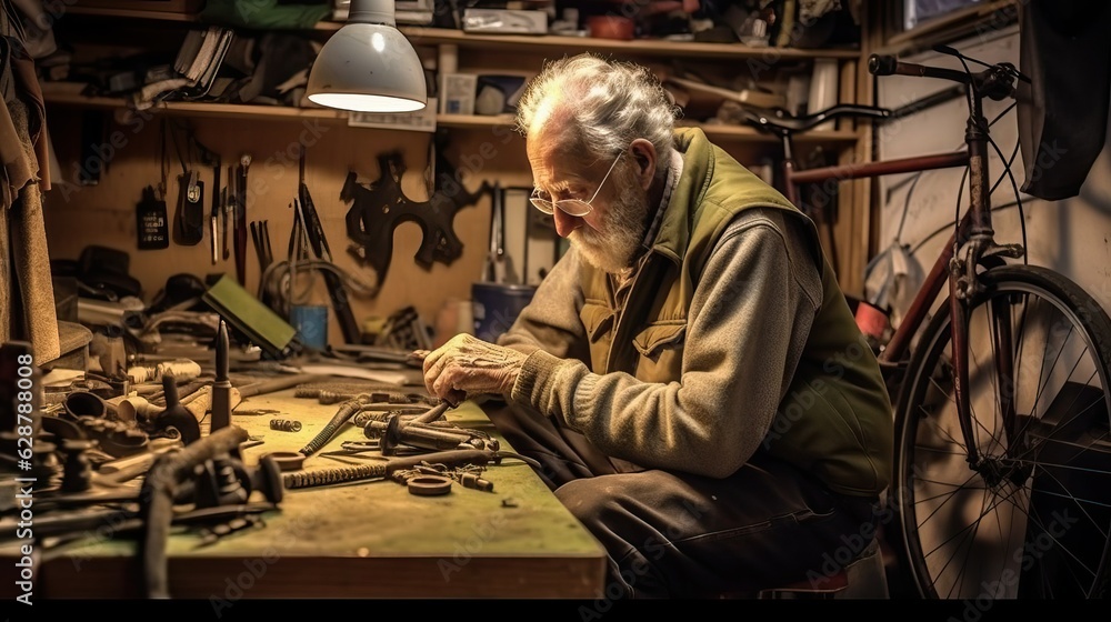 Man fix bicycle in his garage, craftsman Man fix bicycle in his garage, craftsman
