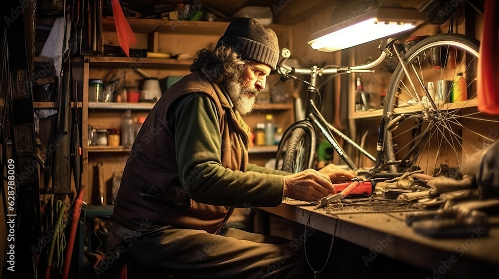 Man fix bicycle in his garage, craftsman Man fix bicycle in his garage, craftsman