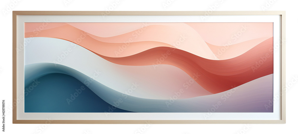 Minimalistic, wall painting in a beige frame with a white passe-partout. Colorful waves. Modern painting in a frame for the interior. Isolated on a transparent background. KI. Minimalistic, wall painting in a beige frame with a white passe-partout. Colorful waves. Modern painting in a frame for the interior. Isolated on a transparent background. KI.