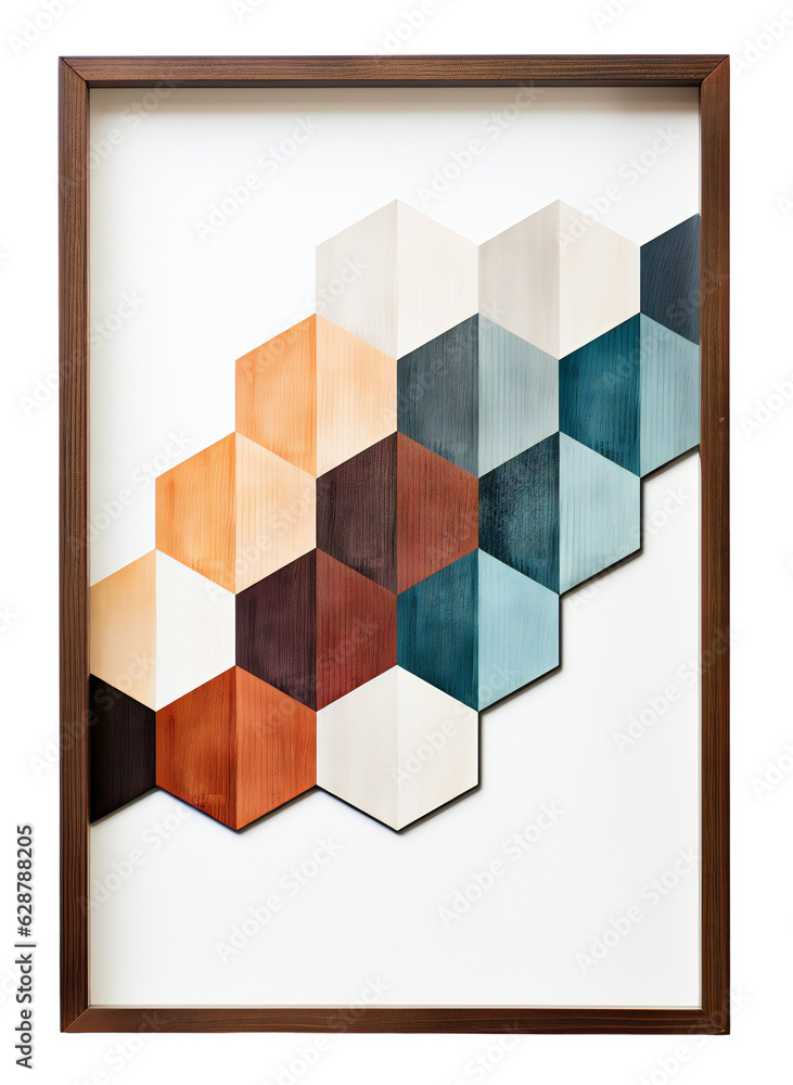 Geometric, minimalistic, wall picture in a wooden frame with appliqué. Abstraction with orange
