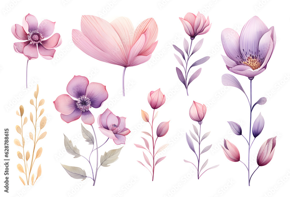 Set of watercolor flowers created with Generative AI technology Set of watercolor flowers created with Generative AI technology