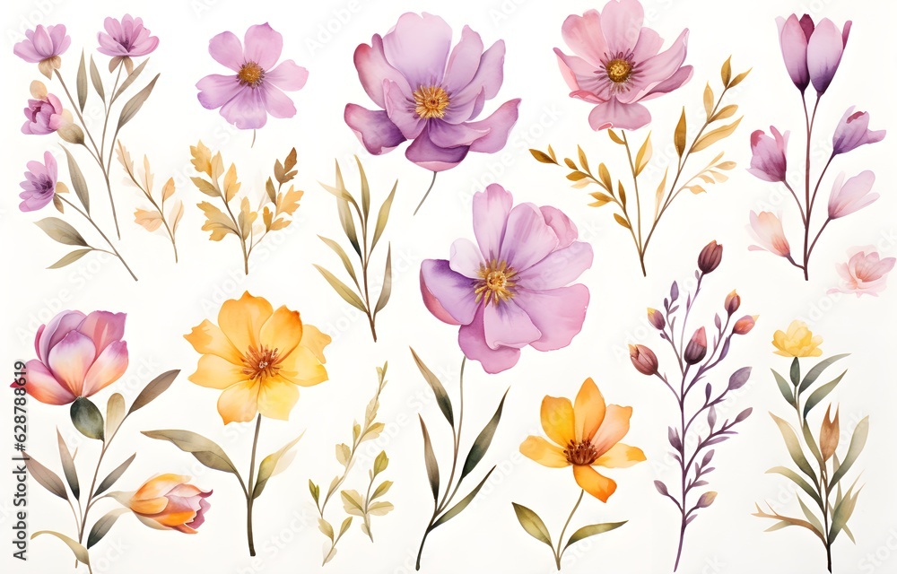 Set of watercolor flowers created with Generative AI technology