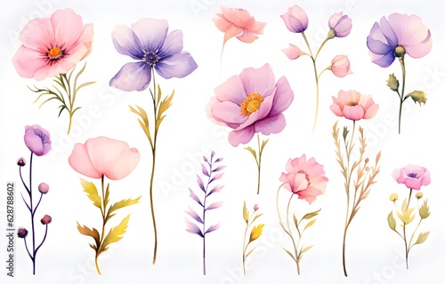 Set of watercolor flowers created with Generative AI technology © Oksana