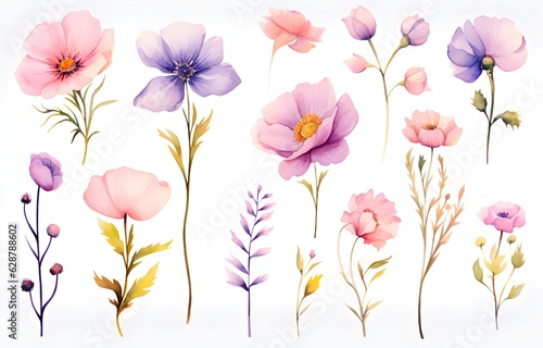 Wallpaper Mural Set of watercolor flowers created with Generative AI technology Torontodigital.ca