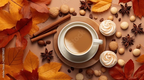 Coffee with Marshmallows, Autumn Leaf, and Cookie. AI generated