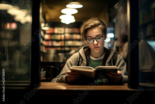 Teen engrossed in literature in a quiet bookstore, a reflection of youthful intellect and the joy of solitary exploration in a world of words