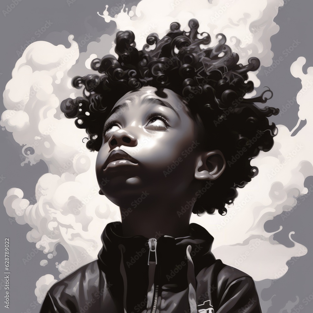 Black boy in thinking and doubts pose cartoon black and white illustration. Young male character with dreamy face on abstract background. Ai generated monochrome cartoonish poster.