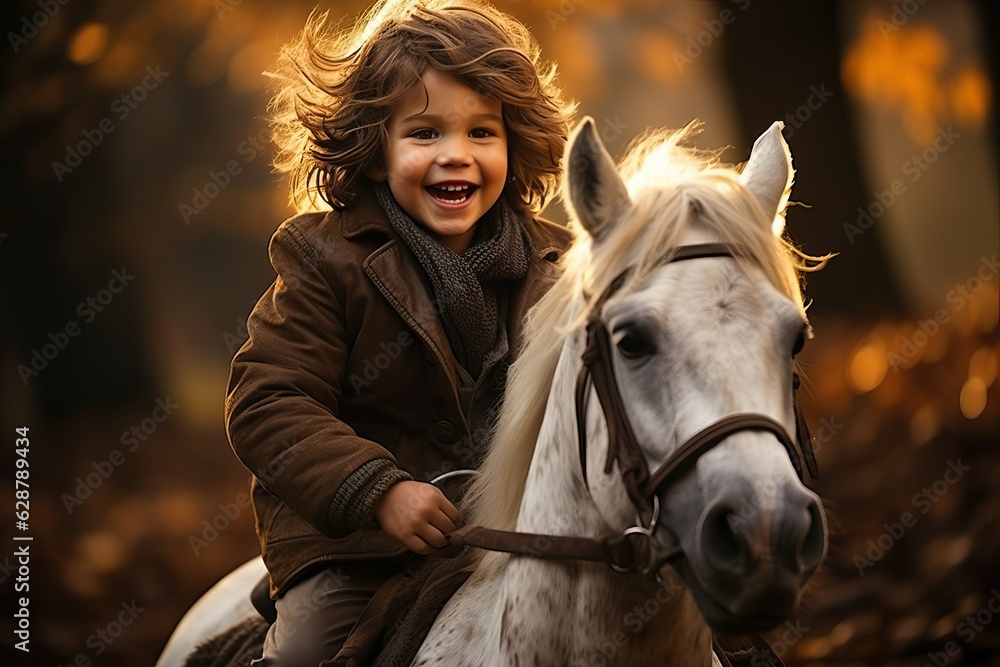 Obraz premium Kid ride horse, child with animal friend