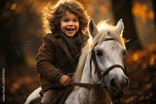 Kid ride horse, child with animal friend