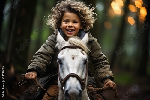 Kid ride horse, child with animal friend © thesweetsheep