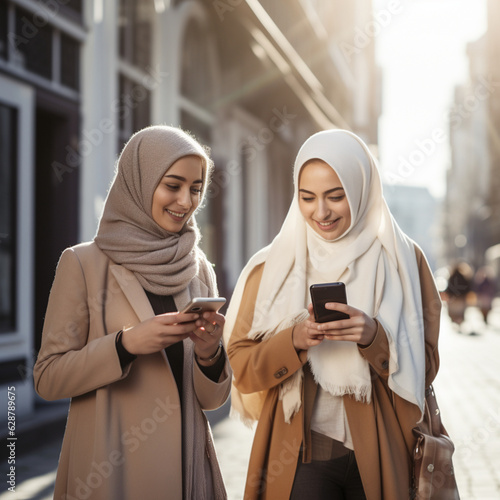 Muslim friends using mobile. 