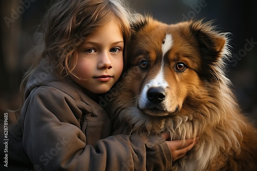 Girl hug a dog, heartwarming child and pet theme © thesweetsheep