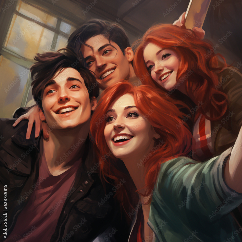 Obraz premium Friends taking a selfie. Generative AI.