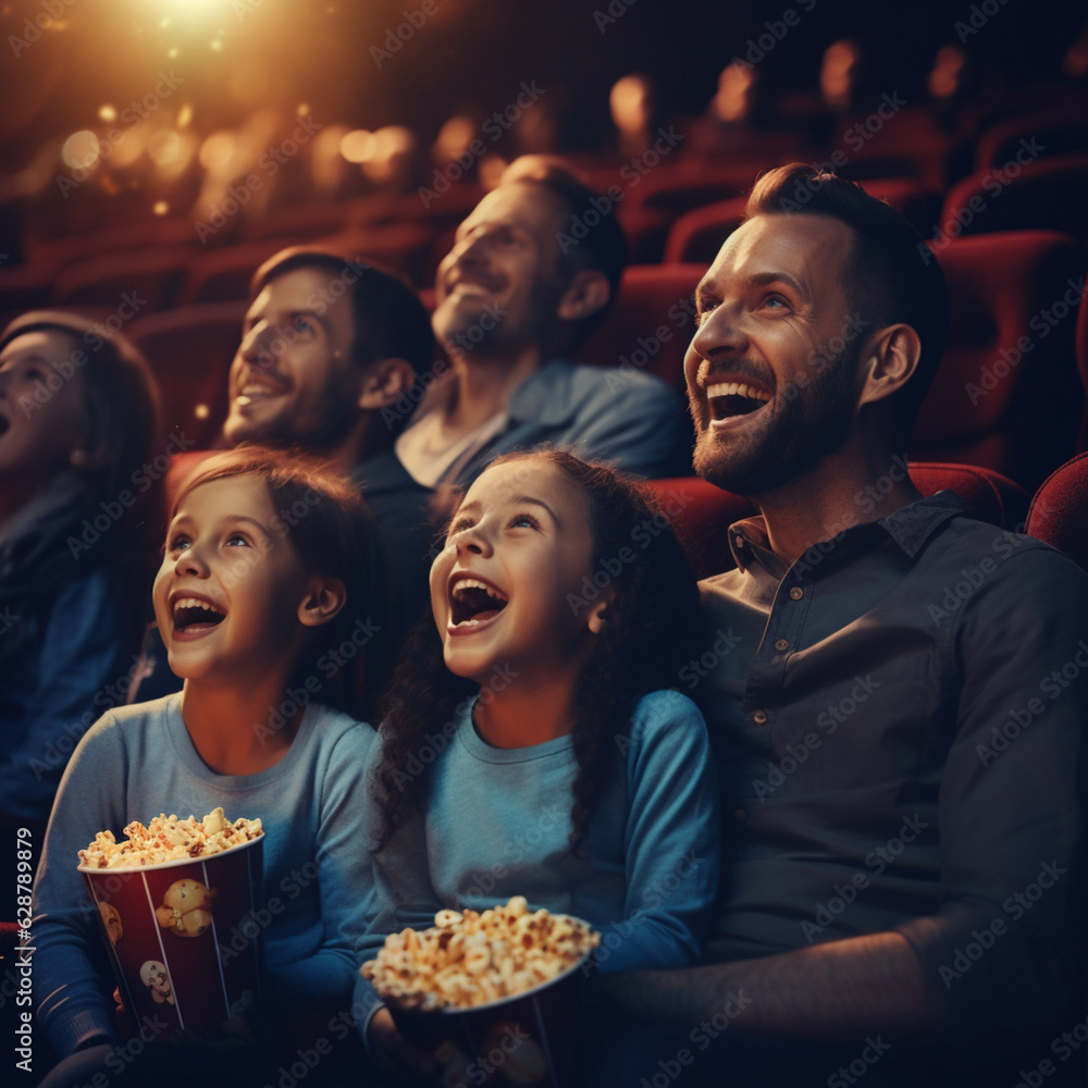 Fototapeta premium Happy family at the cinema. Generative AI.