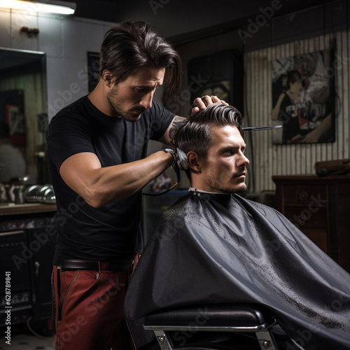 Barber cutting a man's hair. Generative AI.