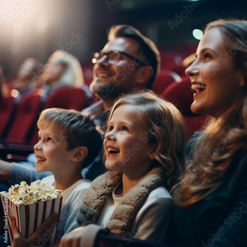Happy family at the cinema. Generative AI.