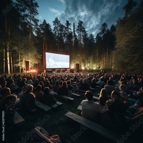People in an open air cinema. Generative AI.
