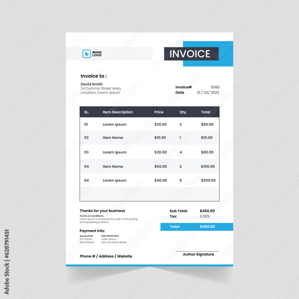 Modern Vector Abstract Invoice Design Template in Black and Blue Color Modern Vector Abstract Invoice Design Template in Black and Blue Color
