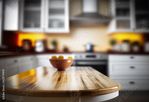 Table top with blurred kitchen interior background. High quality photo