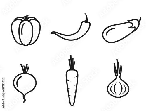 vegetable line icon set. bell pepper, eggplant, hot chili pepper, carrots, beetroot and onion. agriculture symbols