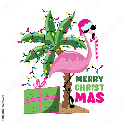 Merry Christmas - Funny flamingo in Santa hat, and candy cane. Palm tree with Christmas lights garland and gift box. Good for T shirt print, poster, greeting card, and other decoration for Xmas.