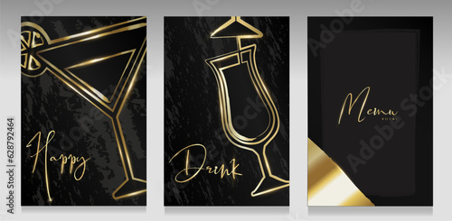 Golden cocktail glass luxury covers. Black and gold backgrounds, abstract dark grunge and bright sparks. Vector template for party, deluxe invitations, elegant brochure and menu.
