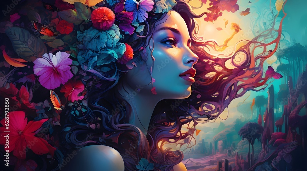 A beautiful woman her hair covered with colorful plants and flowers,