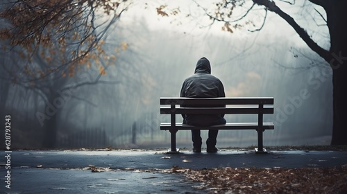 Fotografia A person is sitting alone on a bench in an empty park - Generative AI