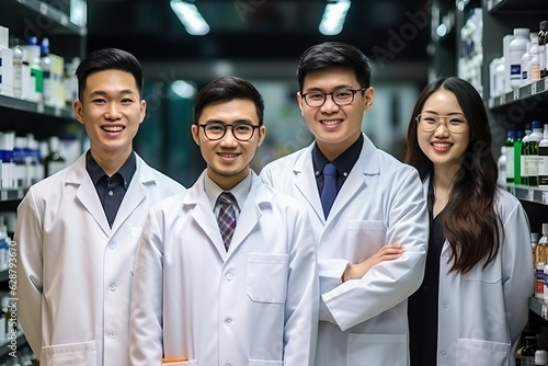 Pharmacist stand together in chemist lab  asian scientist