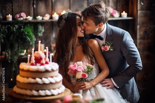 Groom and bride with wedding cake