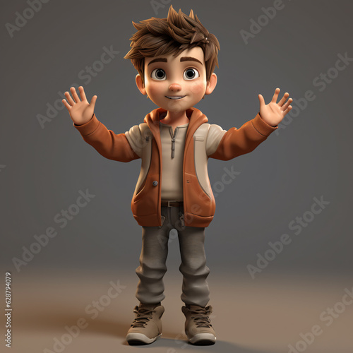 A child donning a brown hoodie strikes a 'hands up' pose