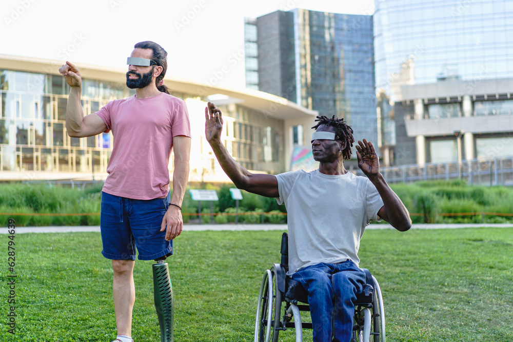 Obraz premium Disabled Men Engaging with Augmented Reality in the Park - Men with disabilities interact with AR glasses, skyscrapers backdrop