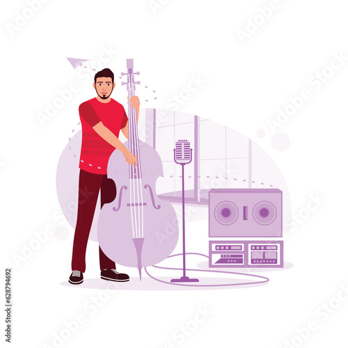 Portrait of a musician playing double bass in the living room. Trend Modern vector flat illustration
